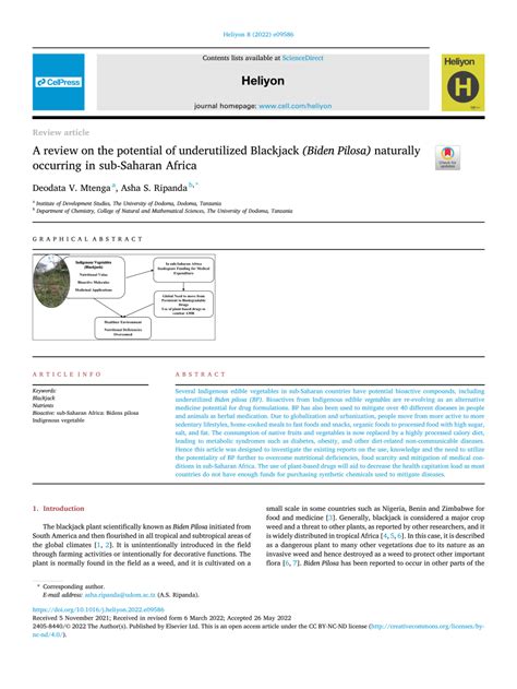 A review on the potential of underutilized Blackjack (Biden Pilosa.